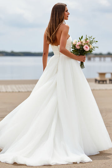 Robe de mariée en tulle blanc Sweetheart une ligne Boho Sweep Train